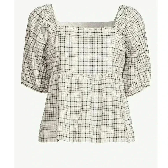 Free Assembly Size XS Ivory Plaid Organic Cotton Women's Puff Sleeve Blouse Top - Picture 5 of 15